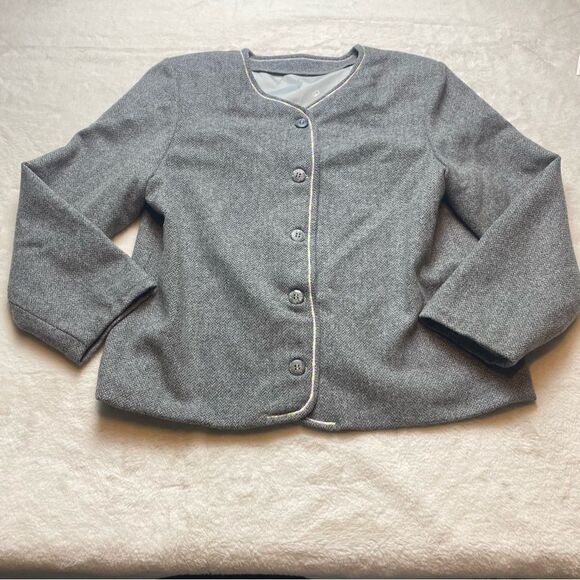Gray Wool Herringbone Front Button Lined Jacket - Picture 1 of 12